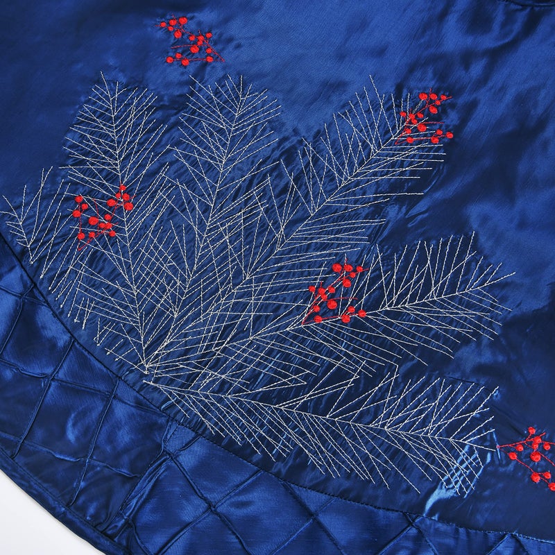 ONGLYP X.Sem Large Pine Branches Berry Embroidered Faux Silk Christmas Tree Skirt with Pintuck Border 50'' Blue (50 inch) - Image 3